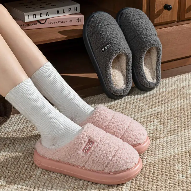 Faux Lamb Wool Cotton Slippers for Women Thick Soles Anti Slip Indoor Slippers Couples Warm Short Plush Light Weight House Shoes