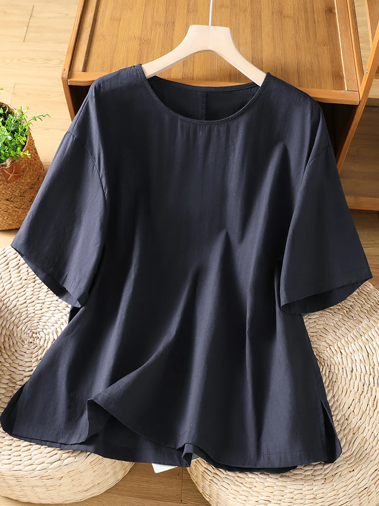 Casual round Neck Overhead Shirt Artistic Leisure T-Shirt Linen Women's Top Fashionable Summer Season Ladies' Clothing