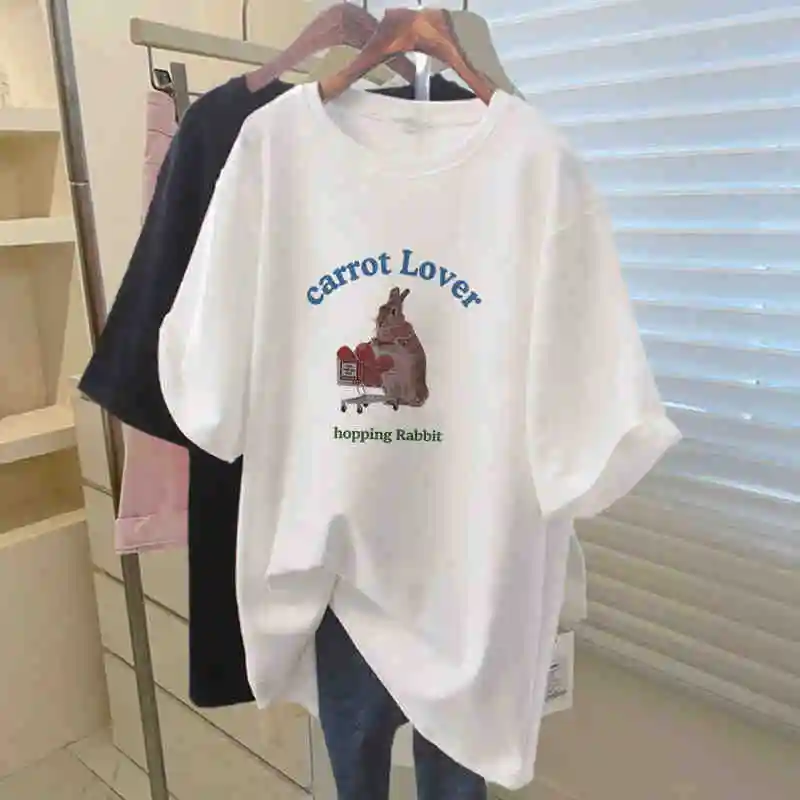 Fashion Cartoon Printed Cotton T-shirt Summer Women's Round Neck Loose Short Sleeve Top Korean Casual Versatile Couple Tees