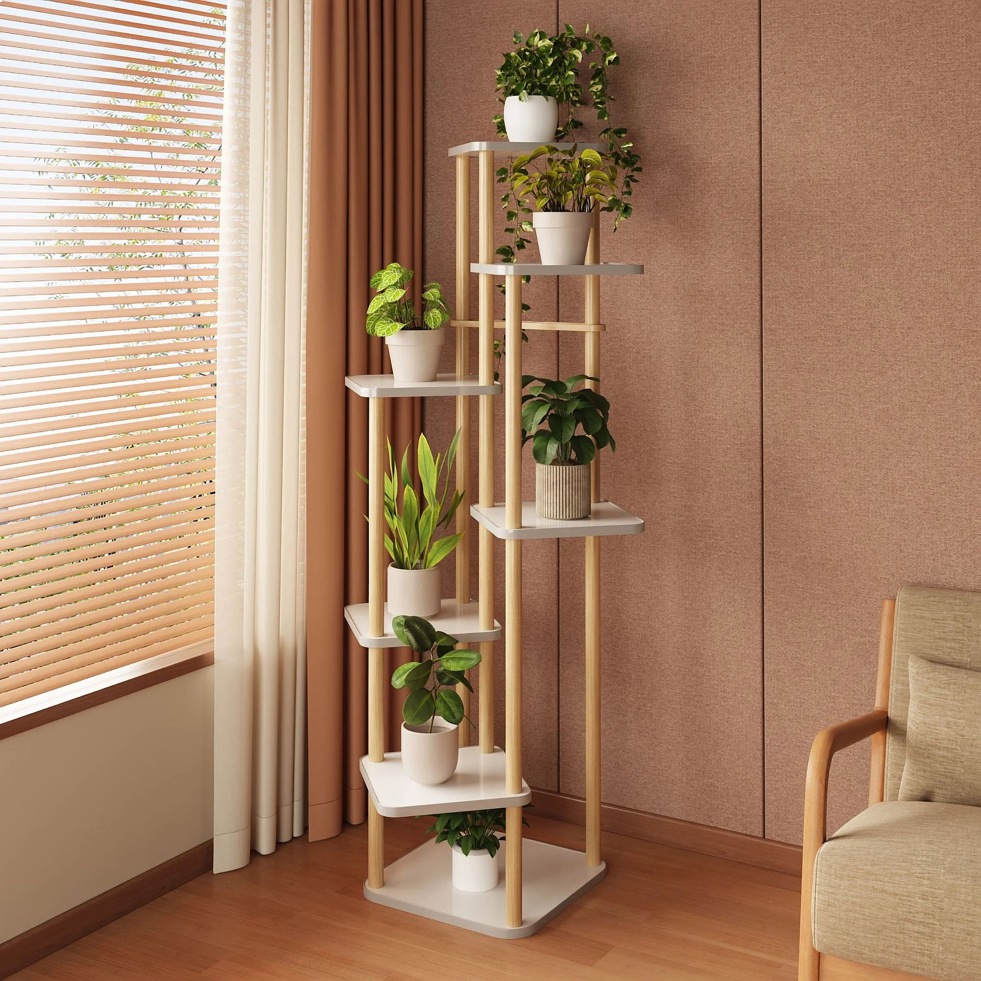 Indoor Solid Wood Flower Stand Multi-Tier Plant Shelf for Living Room Balcony Floor Display Pot Rack