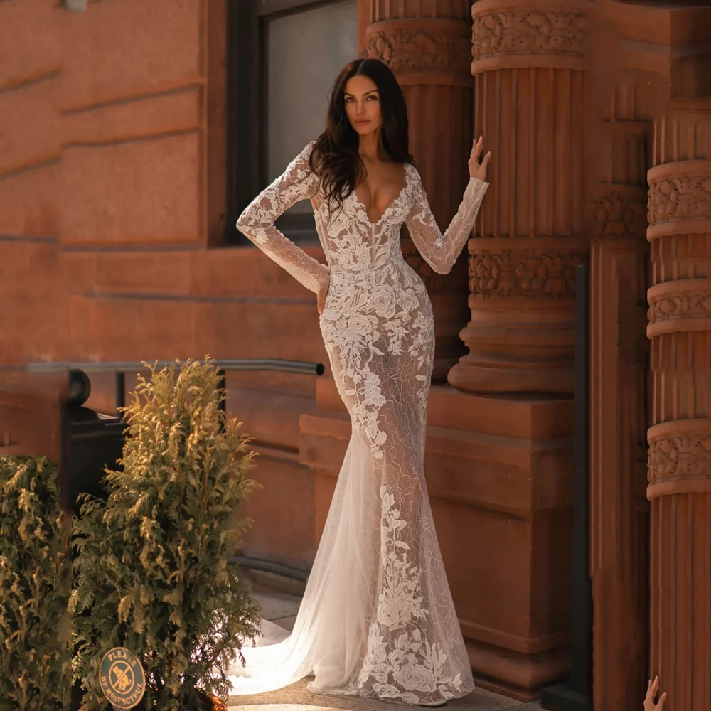 

Lace V-Neck Wedding Dress for Women Long Sleeve Illusion Back Applique Mermaid Luxury Robe De Soiree De Mariage Customized