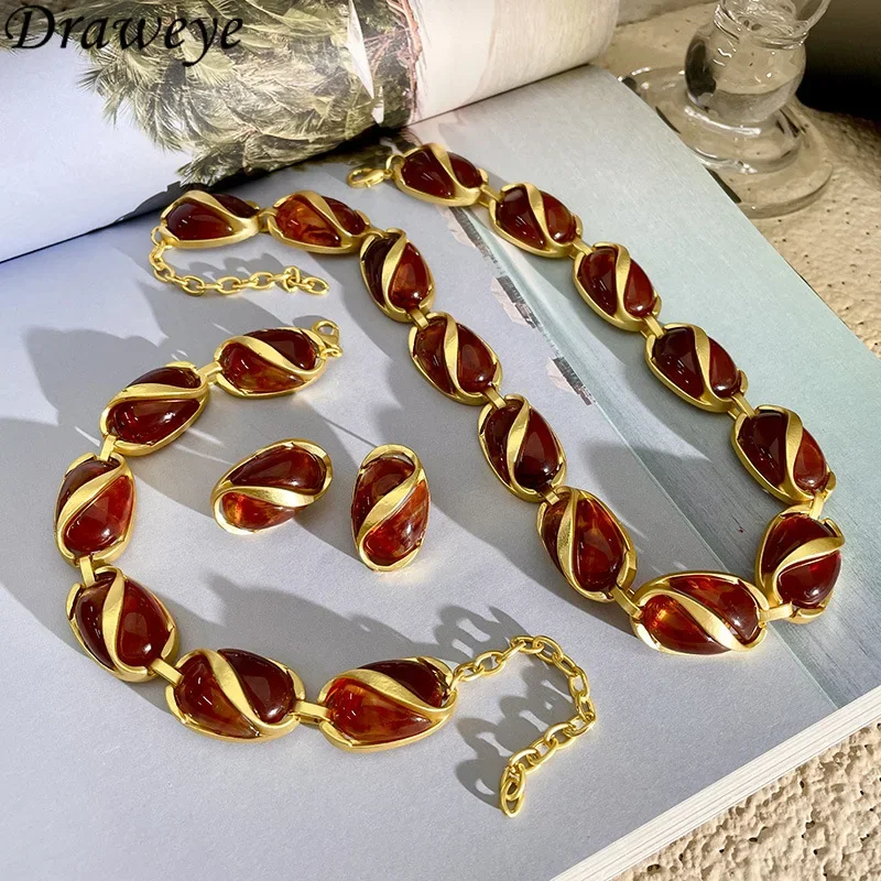 Draweye Brown Crystal Necklaces for Women Medieval Style Ins Fashion Collares Para Mujer Vintage Exquisite Party Jewelry