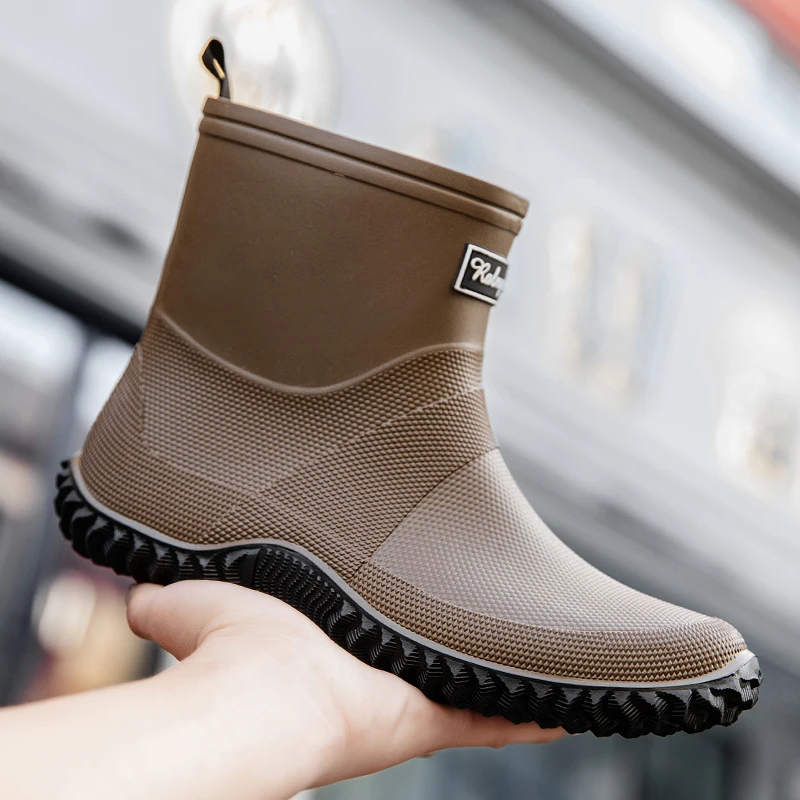 Men Rain Boots Fashion Mid-calf Lightweight Durable Casual Work Shoes Men Anti-slip Layered Clothing Outdoor Shoes Men Boots