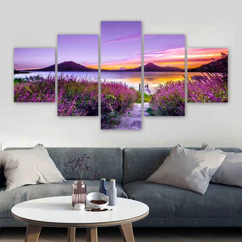 5 Panels Natural Landscape Posters Canvas Painting Lake Mountain Flower Pictures Wall Art For Living Room Modern Home Decoration