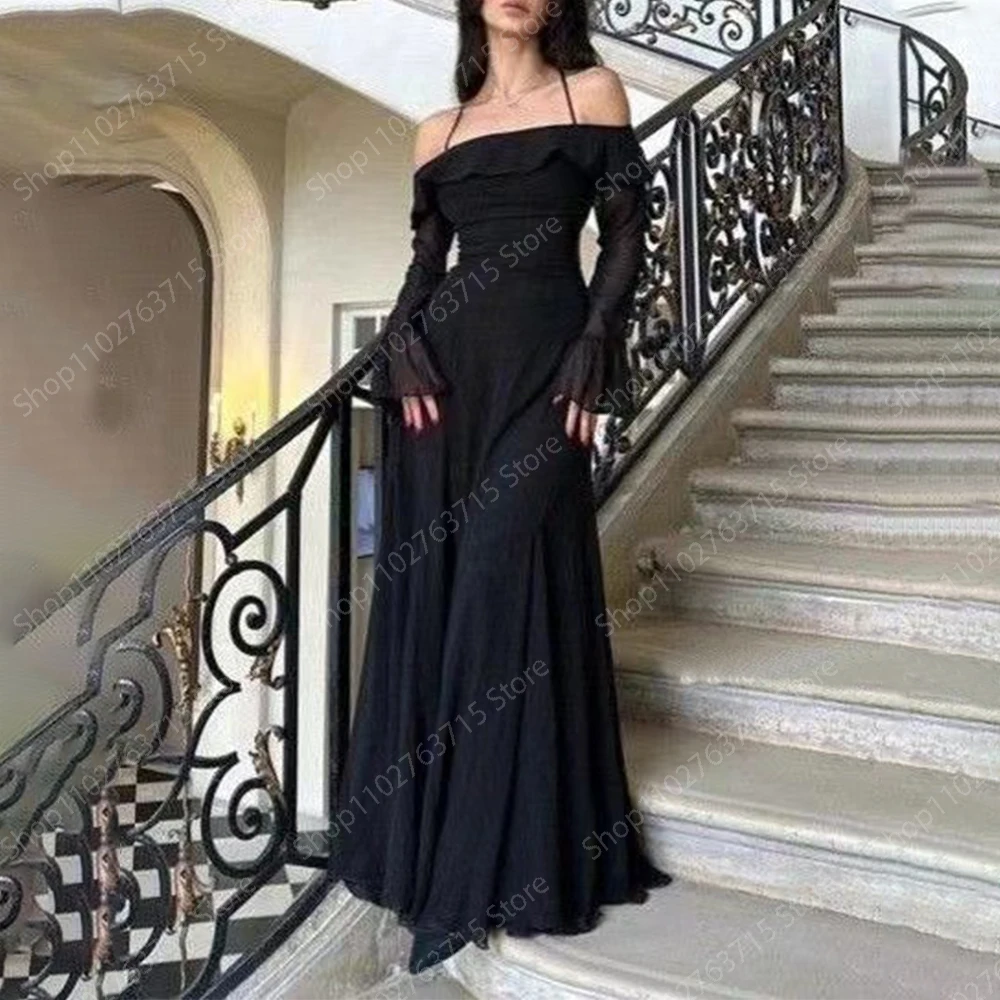 Elegant Long Black Evening Dresses for Women Halter Floor-Length A-Line Prom Party Wedding Gala Special Events Dress 2024