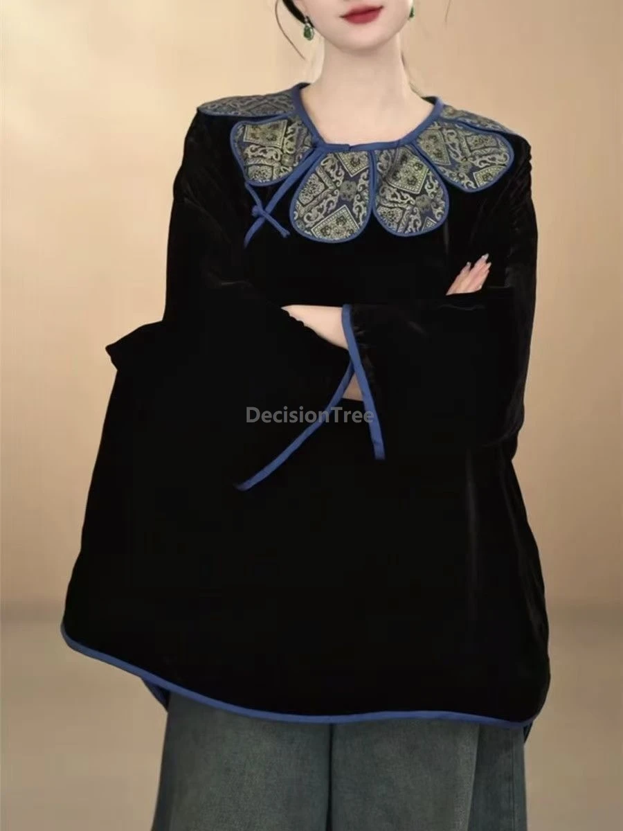 

2025 retro autumn disc buckle temperament velvet qipao top chinese style loose leisure blouse trendy collar design women's top