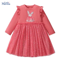 Little maven Baby Girls Cute Clothes Pretty Children Clothing Spring Autumn Long Sleeves Cartoon Rabbits Mesh Princess Dresses