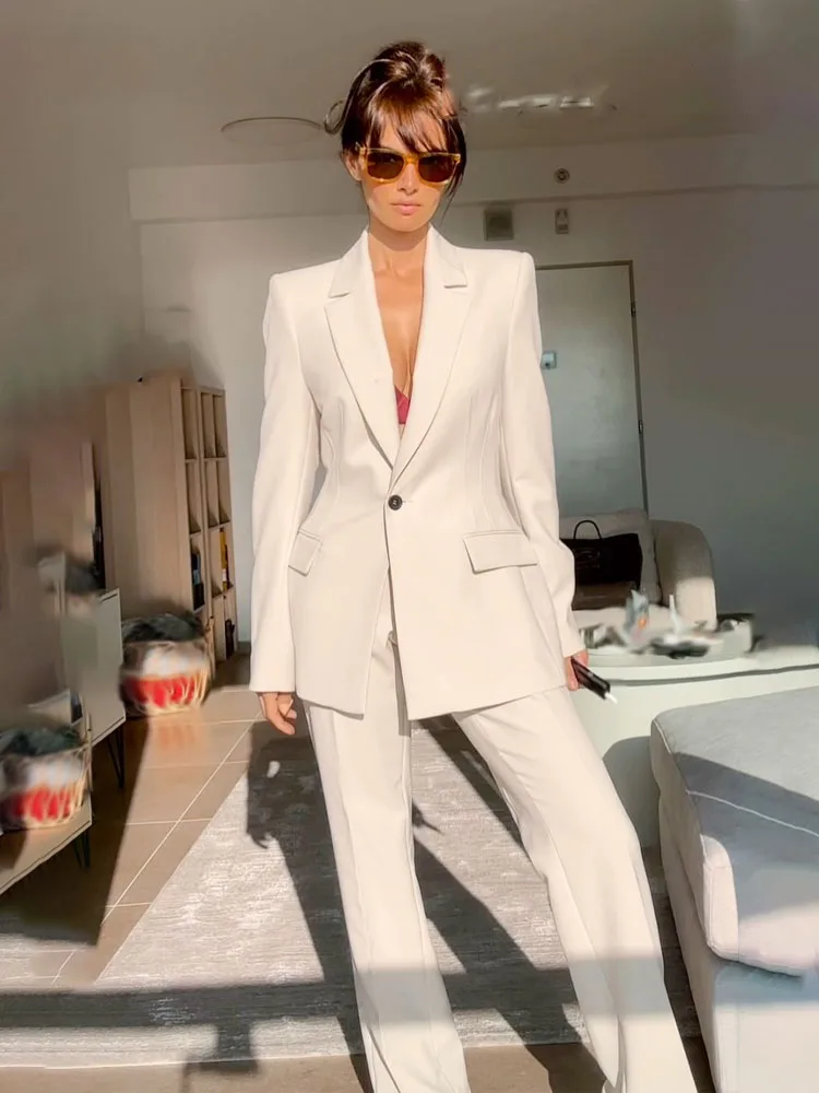 

HH женский комплект из 2 предметов, элегантный костюм с длинными рукавами и лацканами, одна пряжка, украшенный пиджак + модные повседневные брюки с боковым карманом на молнии