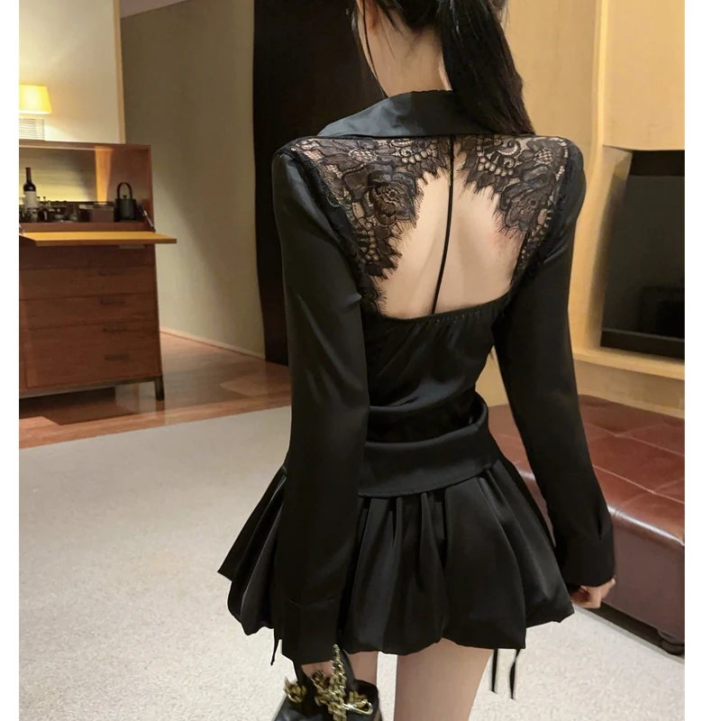 

Sexy Backless Patchwork Lace Tops Spring Autumn Long Sleeved Women Shirt V-neck Turndown Collar OL Blouse
