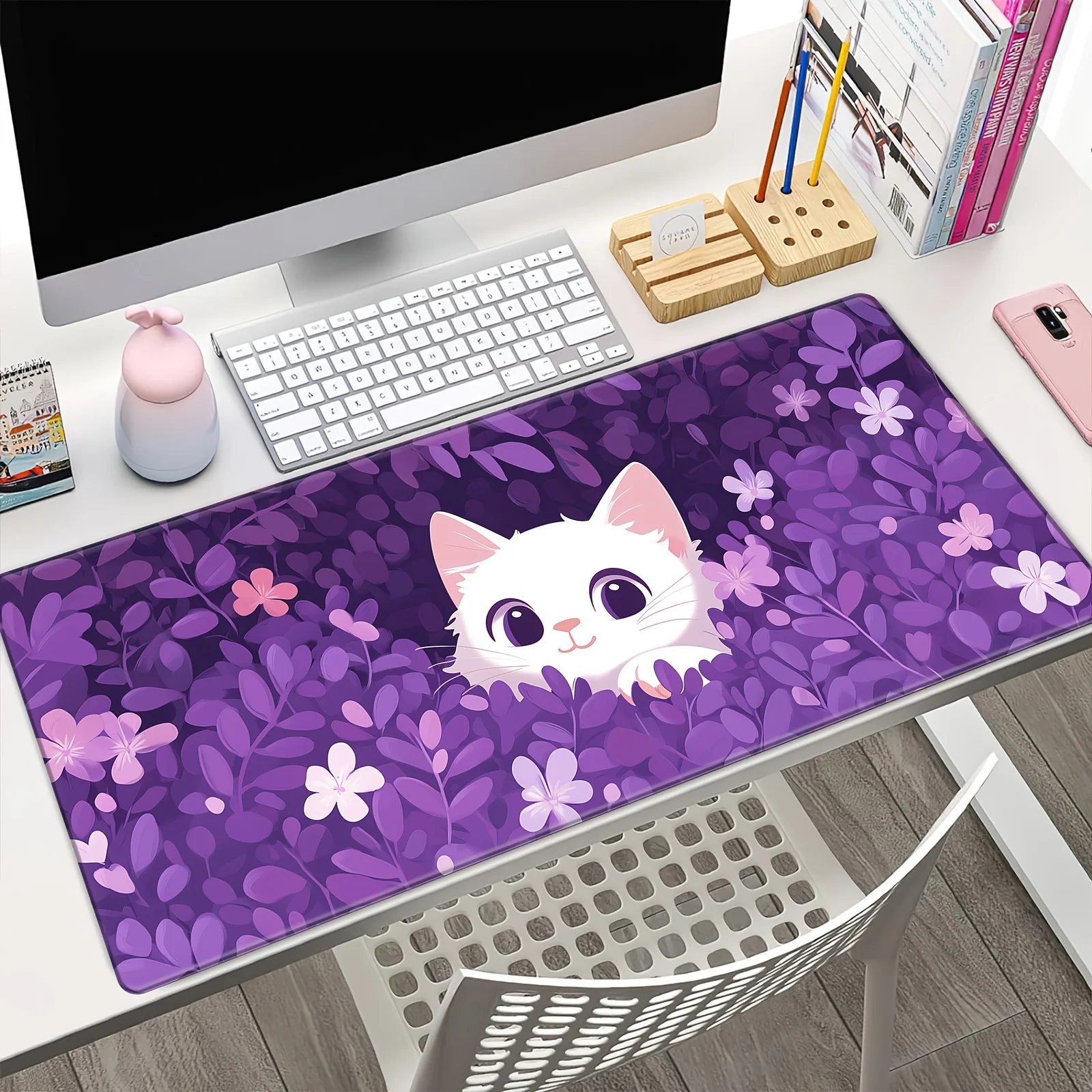 

Cute Cartoon Cat Purple Flower Pattern Large Gaming Mouse Pad, Keyboard Laptop Office Non-slip Desk Mat, Large Decorative Mat