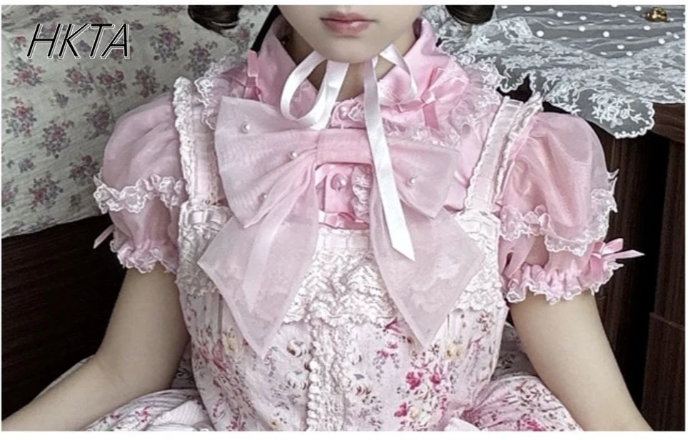 귀여운 달콤한 로리타 걸스 셔츠 2025 여름 뉴 버블 반팔 셔츠 인형 칼라 싱글 브레스트 캔디 컬러 블라우스 탑