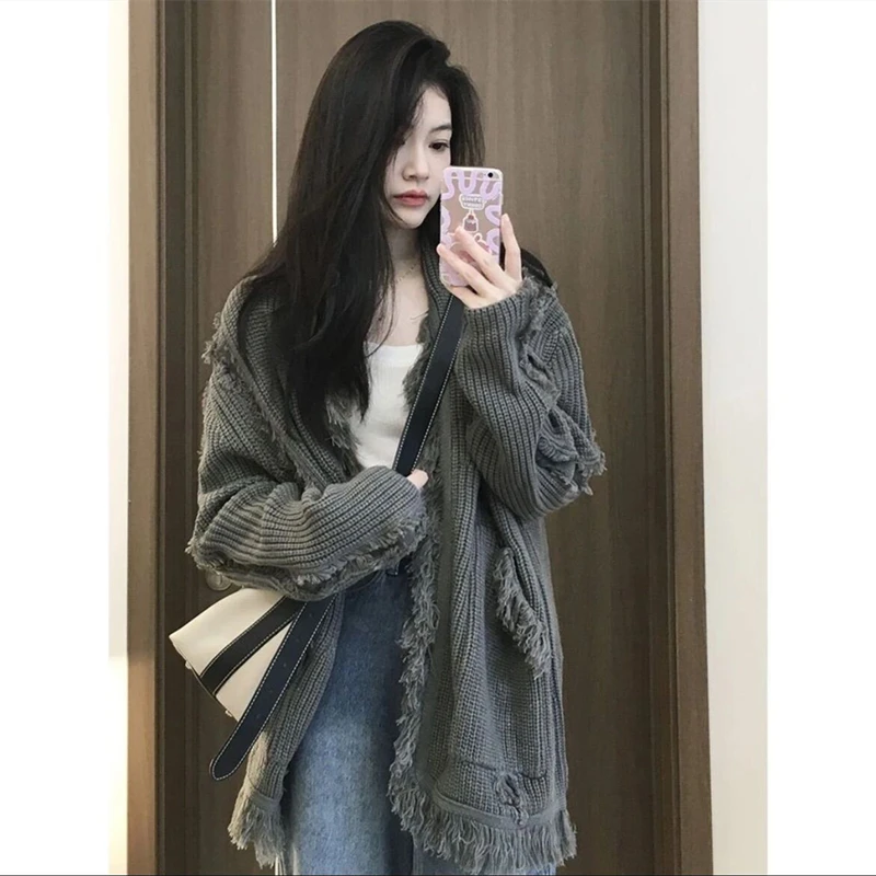 

Women's Autumn Winter Knitted Sweater Long Sleeve Open Cardigan Loose Grey Lazy Style Fashionable Thicken Top Streetwear