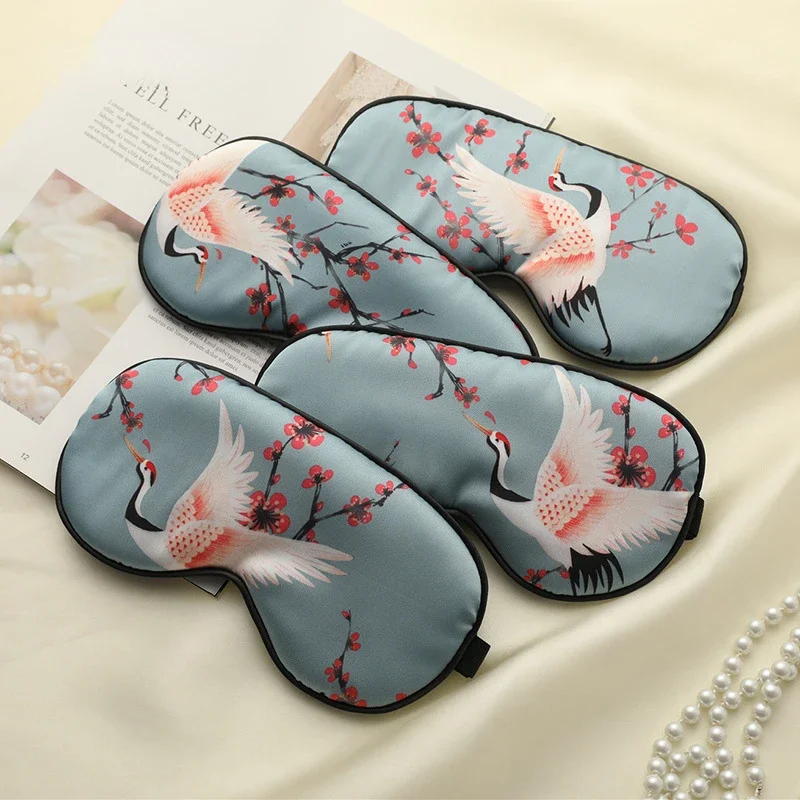 Silk Sleeping Eye Mask Cover For Women Men Printing Eyepatch Crane Blindfold Portable Sleep Night Mask Relax Soft Eye Pad