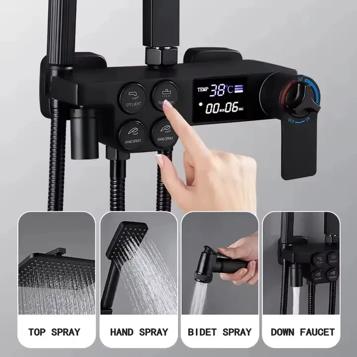 Smart Black Digital Thermostatic Shower Set Brass Faucet TikTok Trend Multi-Function Rainfall Jet Hot Cold Bathroom Rainfall
