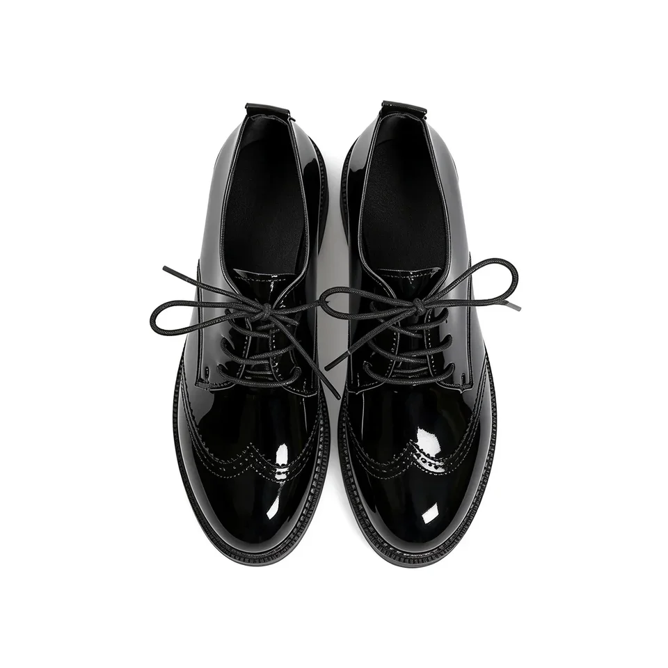 Damen Oxford Flats Brogue Leder Schwarze Büroschuhe Frühling Herbst Bequeme Außensohle Damen Ballett Derby Flats – Detail 4