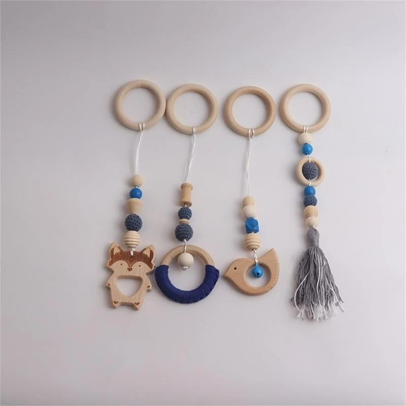 J15U 4 Pcs Baby Gym Frame Pendants Stroller Rattle Wooden Ring Beads Teether Hanging Mobile Bed Infants Newborn Nursing
