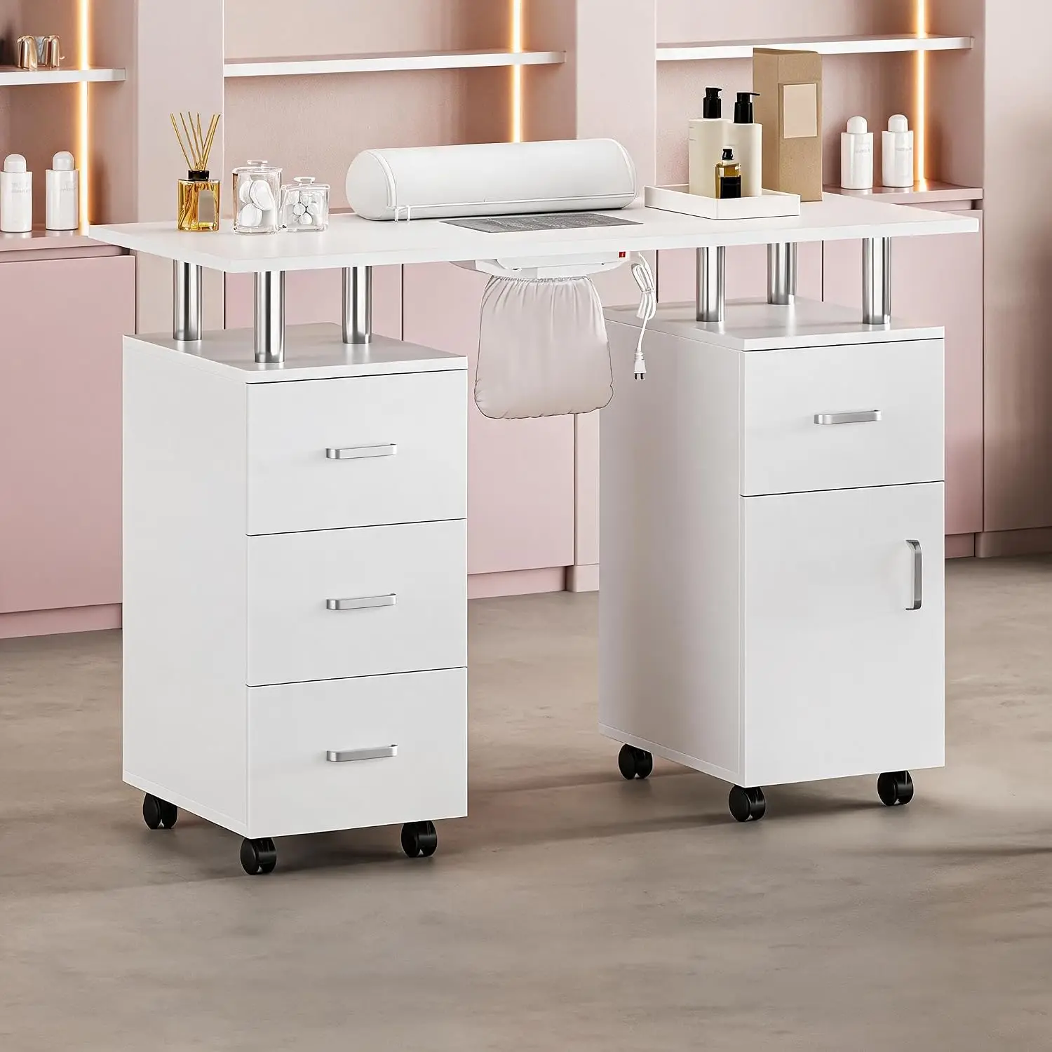 Manicure Table for Nail Tech - Professional Nail Desk Station w/Electric Dust Collector, Acetone Resistant MDF Top, 8 Rolling Wh
