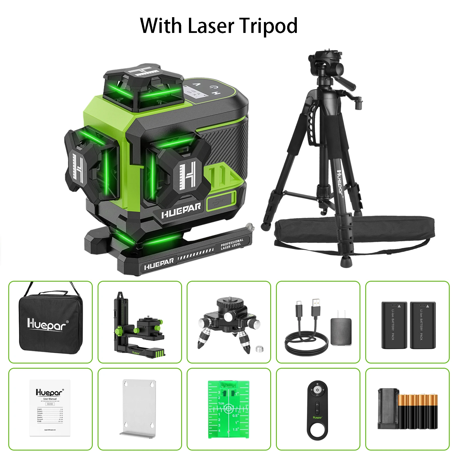 Huepar 4D 16 Linien Laser Level Z04CG Selbstnivellierender Kreuzlinien Grüner Laser Level Tool Set mit Fernbedienung/Stativ/Detektor und 2 Batterie 5