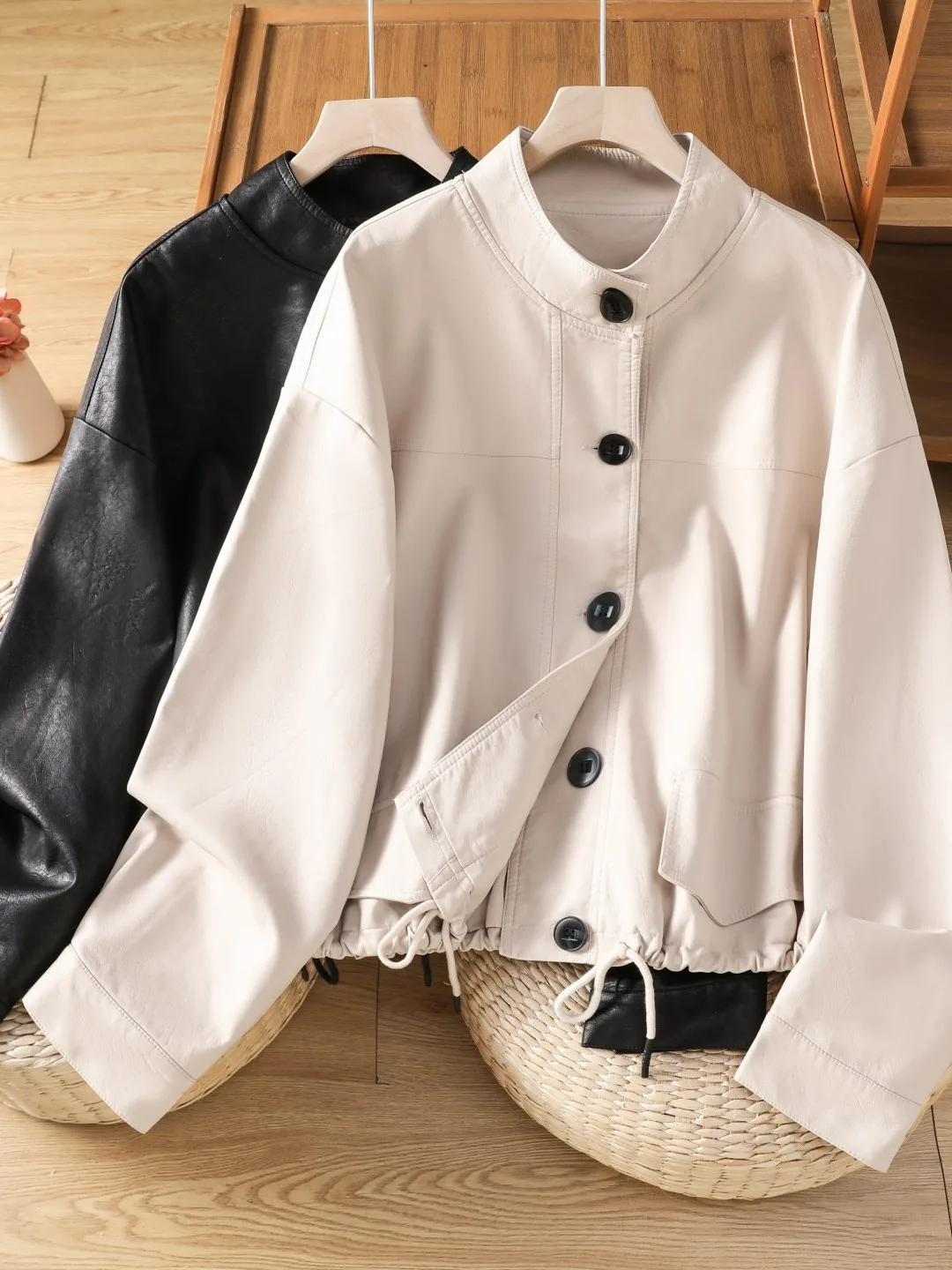 Fashionable Minimalist  Color PU Leather Stand Collar Jacket Women's Autumn Waist Drawstring Single Button Top Coat