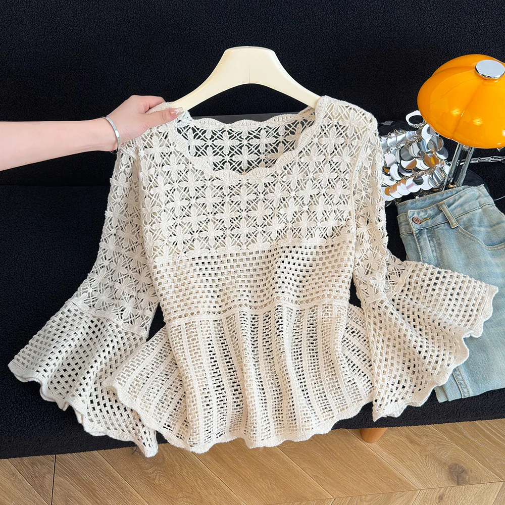 Heavyweight Hollow out Knitted Sweater Women's Early Autumn Large Size Semi-Transparent Bell Sleeve Long Sleeve Outerwear Sun...