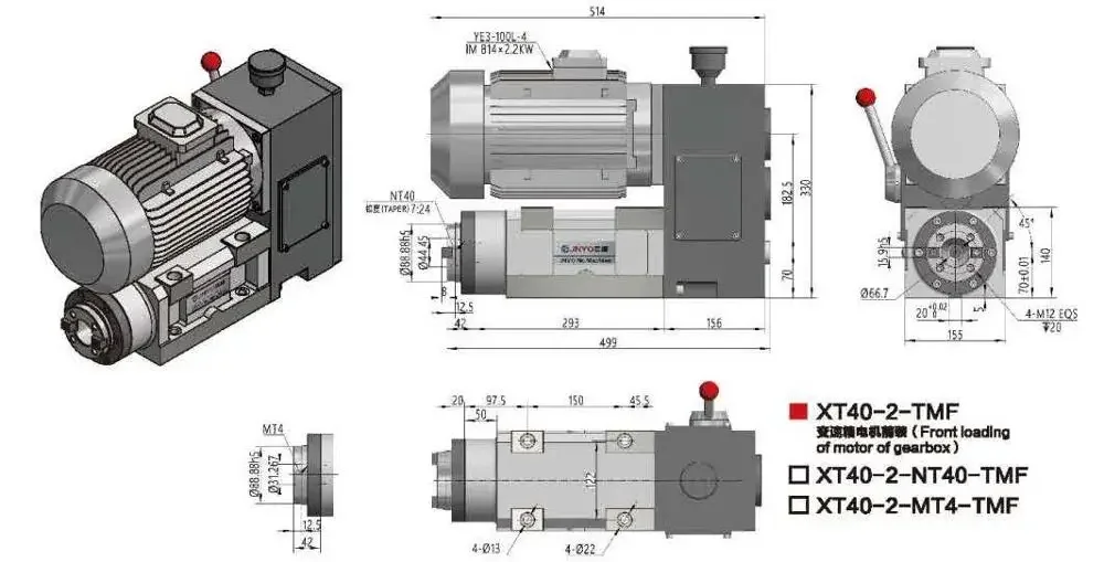 China manufacturer OEM / ODM Boring and milling spindle head gearbox motor XT40-2, NT40/MT4/ER40 spindle