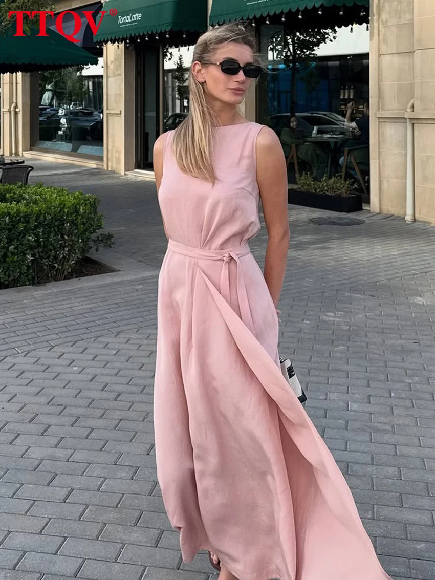 

TTQV Summer Loose Pink Cotton Women's Dress 2026 Fashion O-Neck Sleeveless Maxi Dresses Elegant Classic Lace-Up Female Dress
