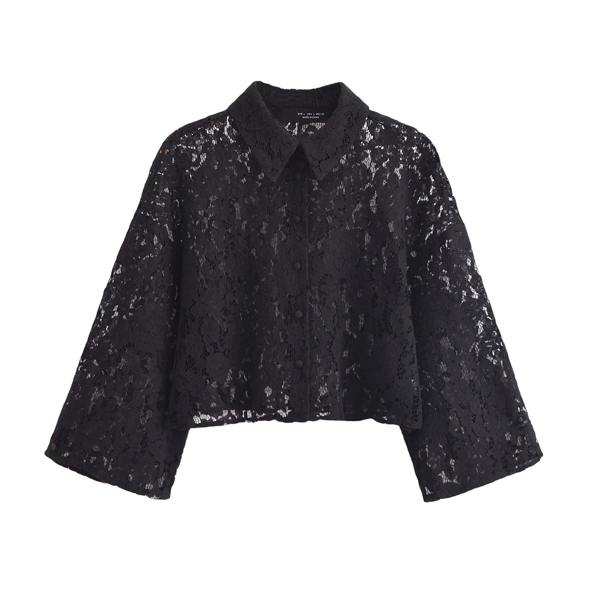 Tangada Women Black Lace Crop Blouse Flare Long Sleeve Chic Female Lady Tops QD074