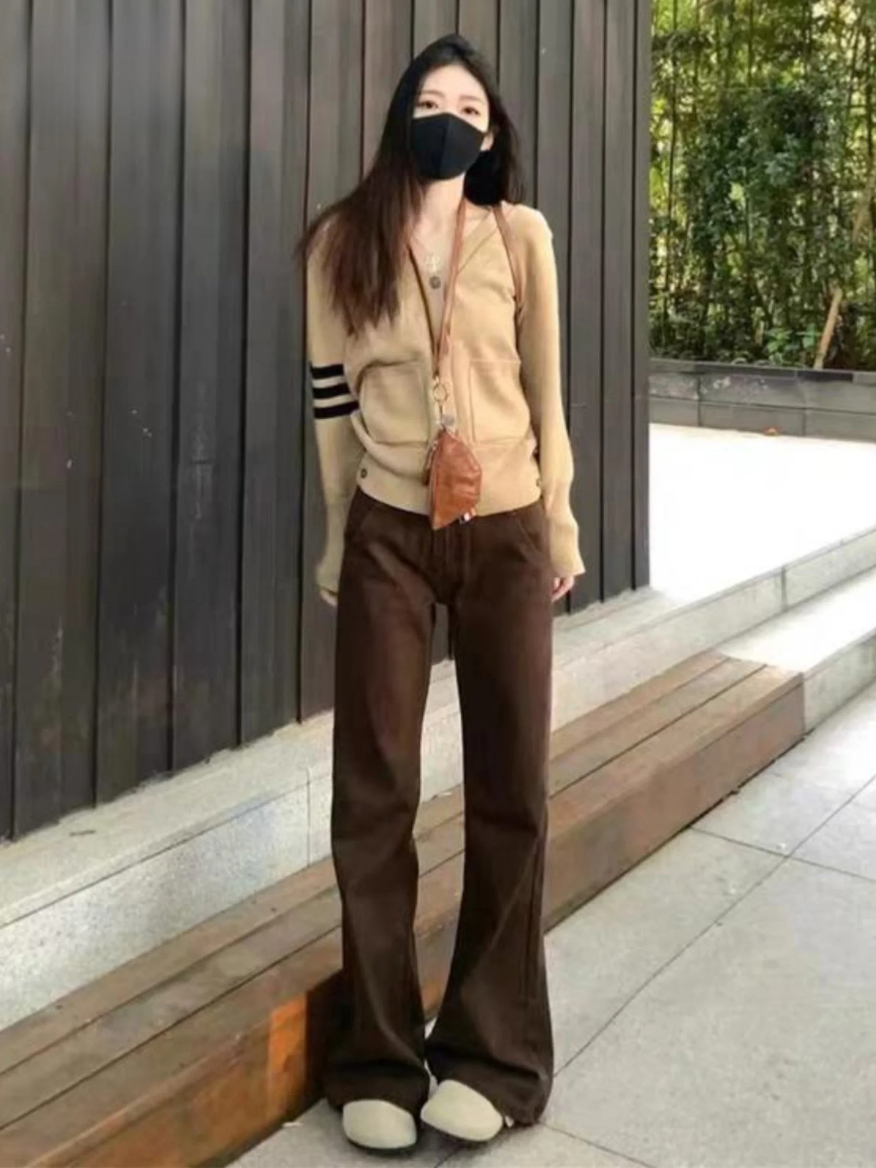 

Коричневые американские джинсы-клеш с низкой талией для женщин, летние, свободные, струящиеся, прямые брюки-клеш для модниц