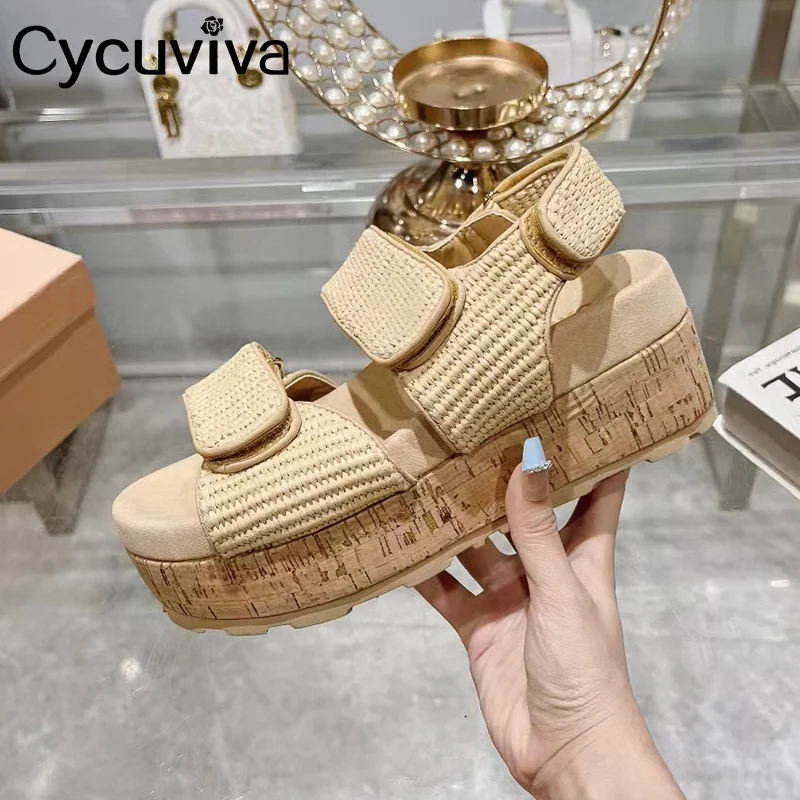 

Summer Thick Bottom Flat Rome Sandals Women Cane Weave Platform Holiday Beach Slippers Shoes For Women Gladiator Sandals 2024