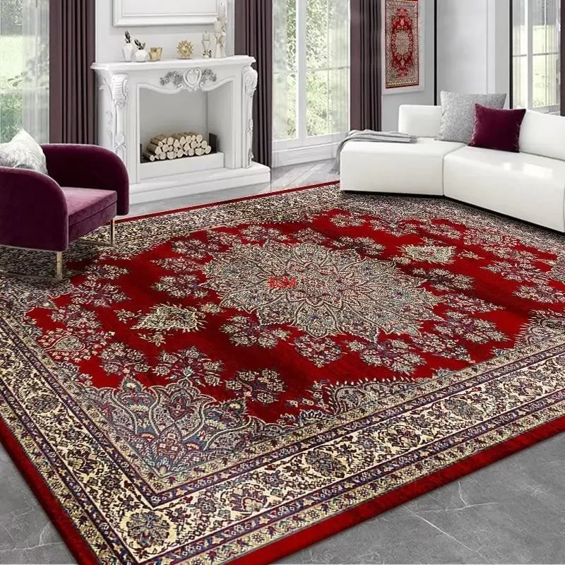 Persian Style Red Carpet for Living Room Washable Luxury American Hairless Table Area Rug for Bedroom Home Anti-slip Floor Mat