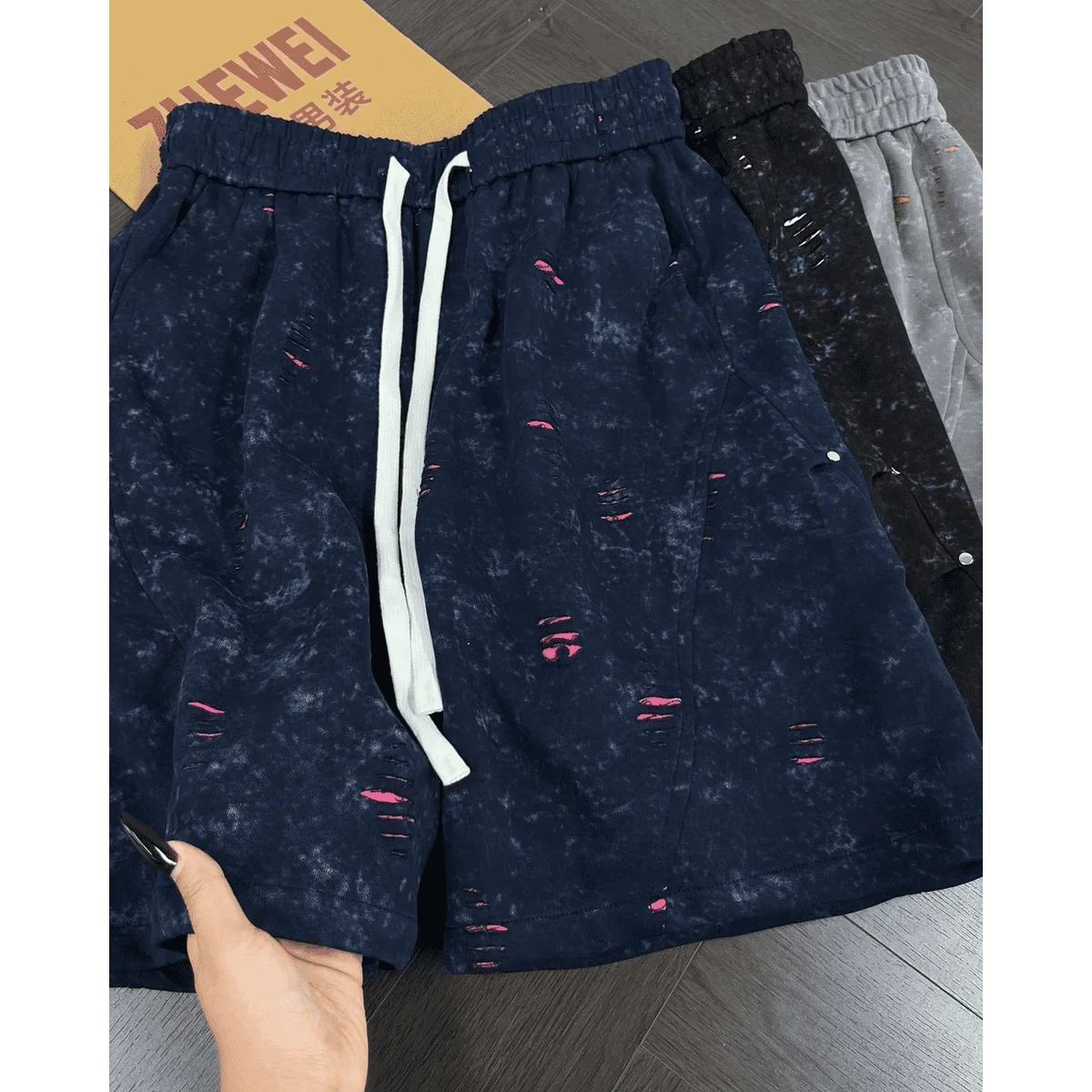 Tibetan Blue Dyed Short Pants Men's Summer Trendy Design Ripped American Retro Sports Five-Point Pants Loose Fit Elastic Waist