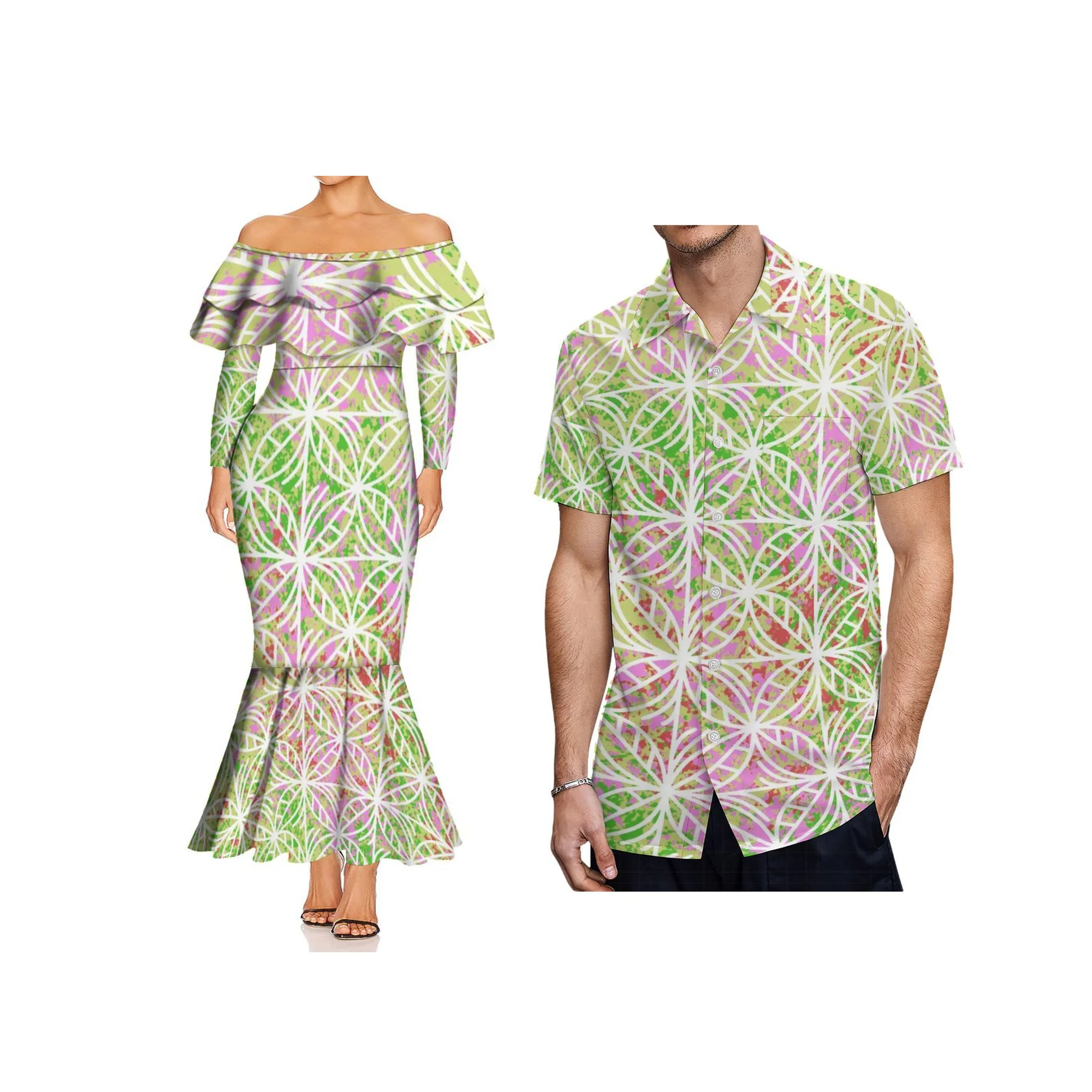 ชุดราตรีทรงหางปลาสำหรับผู้หญิงไซส์ใหญ่ ดีไซน์แบบซามัว ปี 2025 ดีไซน์ใหม่ สไตล์เปิดไหล่ แขนยาวทรงเมอร์เมด รับตัดตามแบบ