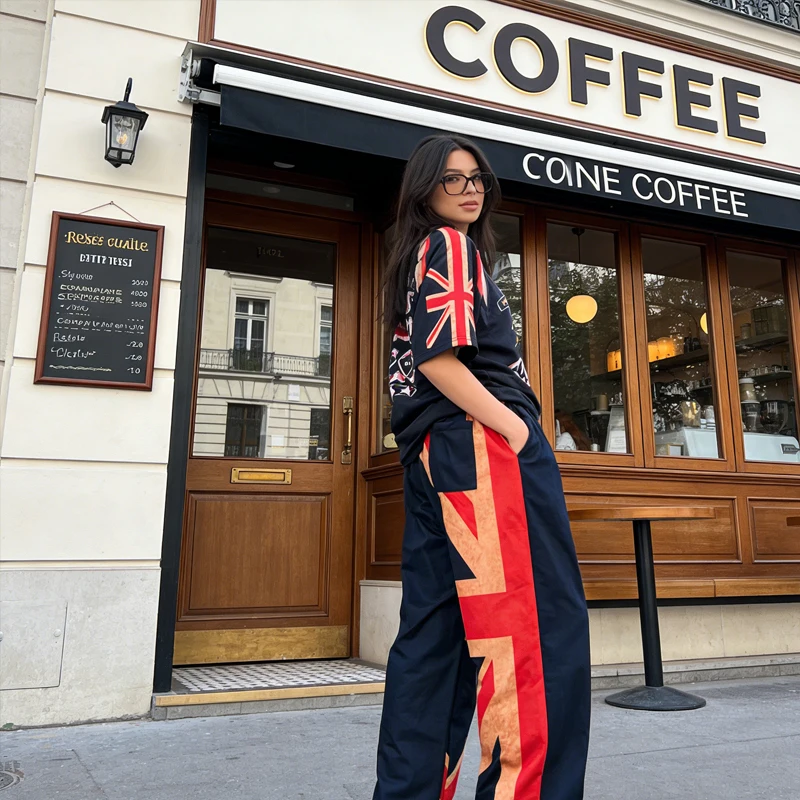 2026年新作 カラフルな2Kブロック柄 ドローストリング付き伸縮性ワイドレッグパンツ、ゆったりフィットで多用途、ニッチなファッショントレンド ユニセックススウェットパンツ