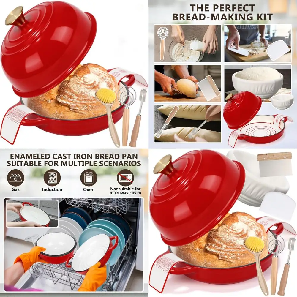 

4 Quart Red Enameled Cast Iron Dutch Oven Set with Lid and Bread Proofing Basket for Sourdough Baking and Roasting