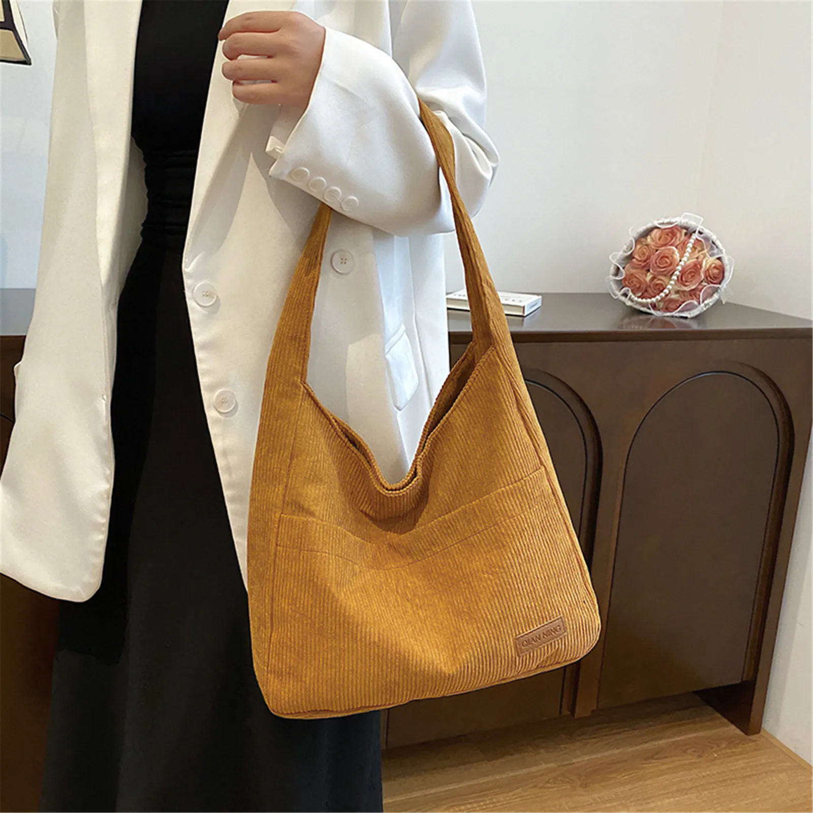 Solid Color Canvas Shoulder Bag Corduroy Tote Handbag Shoulder Bag Women Girls Shoulder Bag Tote Bag Handbag Canvas Corduroy Bag