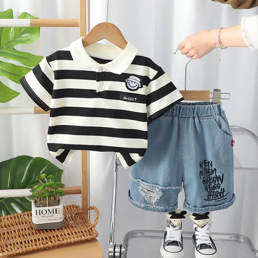 

Children Summer Suits 1 To 5 Years Striped Turn-down Collar Short Sleeve T-shirts And Shorts 2pcs Boys Baby Outfits Kids Clothes