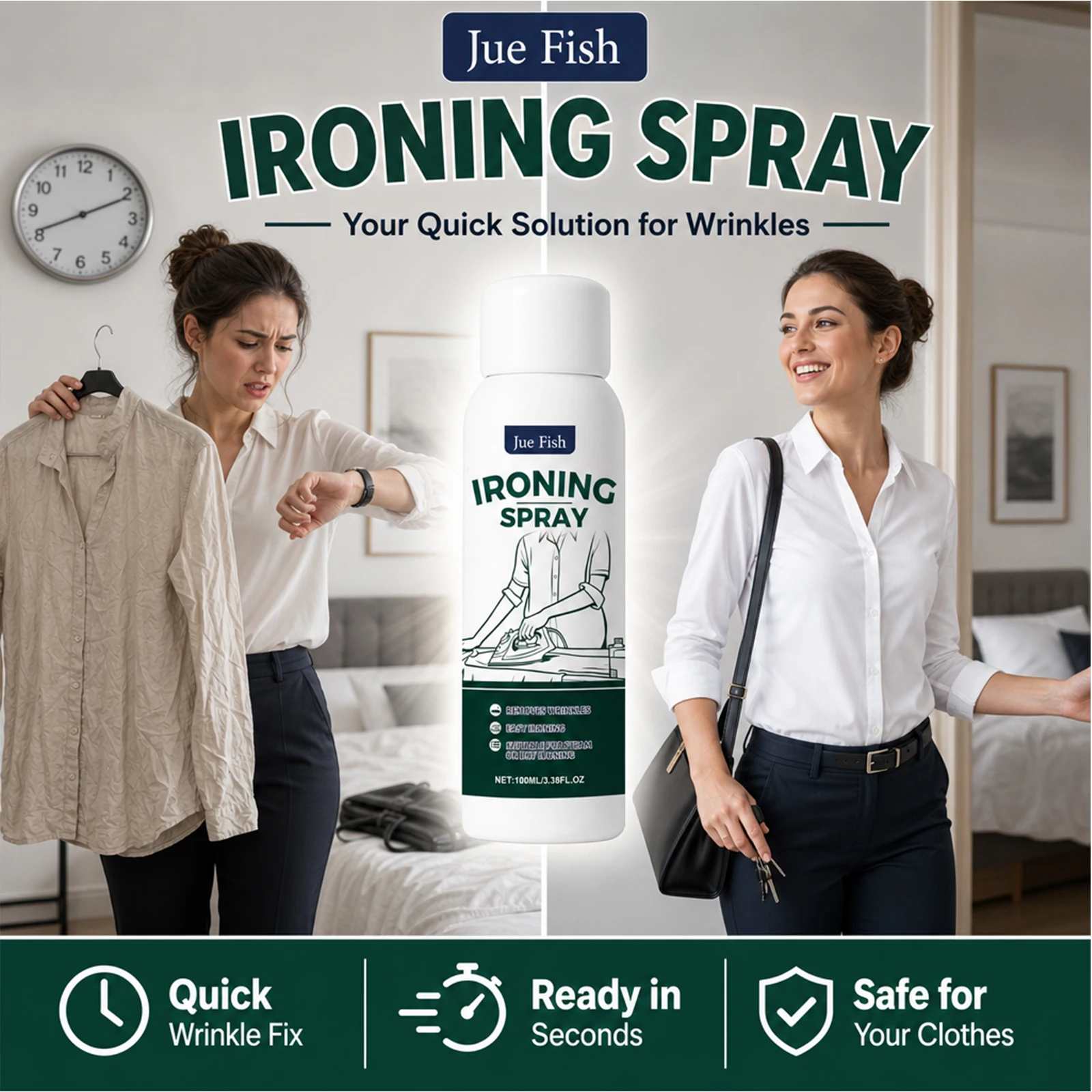 Wrinkle Release Spray for Clothes Fabric Care Smooths Creases Quick Ironing Travel Portable Garment Freshener