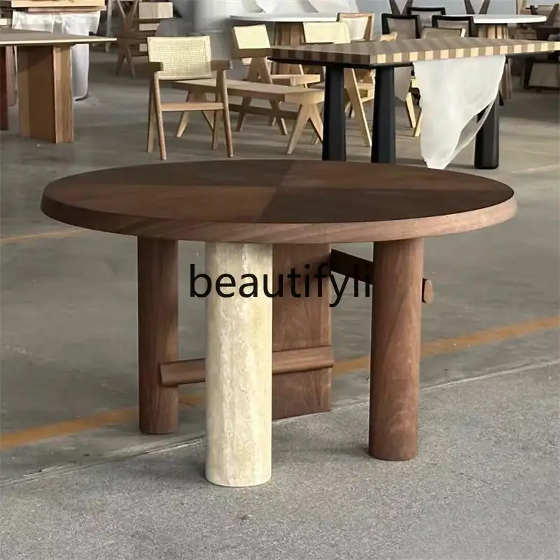 

Walnut solid wood round dining table, ancient wabi-sabi wind turntable, household dining table