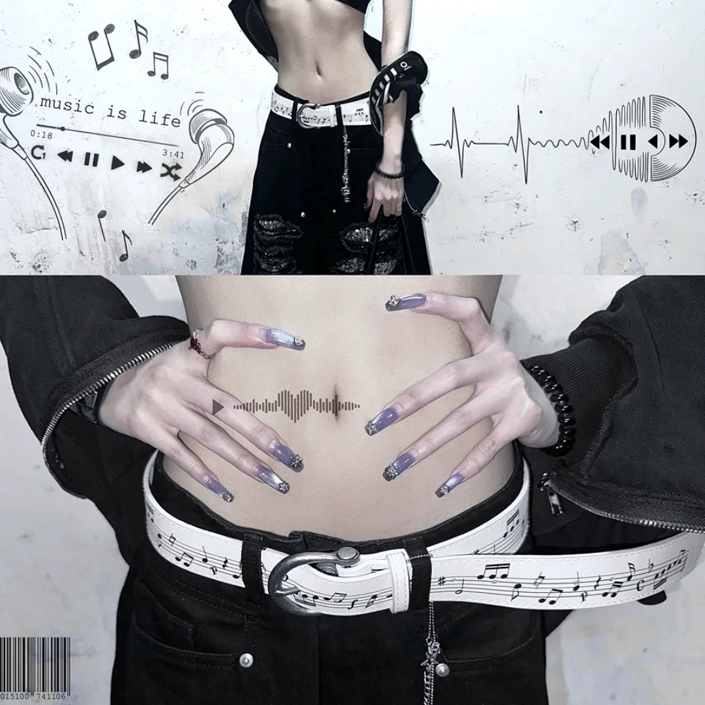 Y2K Millennium Subculture Retro Belt Musical Note Print PU Leather Punk Gothic Men Belt Party Performance Trendy Accessories
