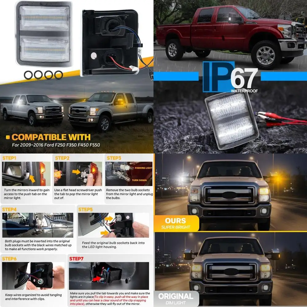 

Светодиодные габаритные фонари для боковых зеркал с переключателем для Ford F250-F550 Super Duty 2008-2016, белые ходовые огни, янтарные указатели поворота, прозрачные
