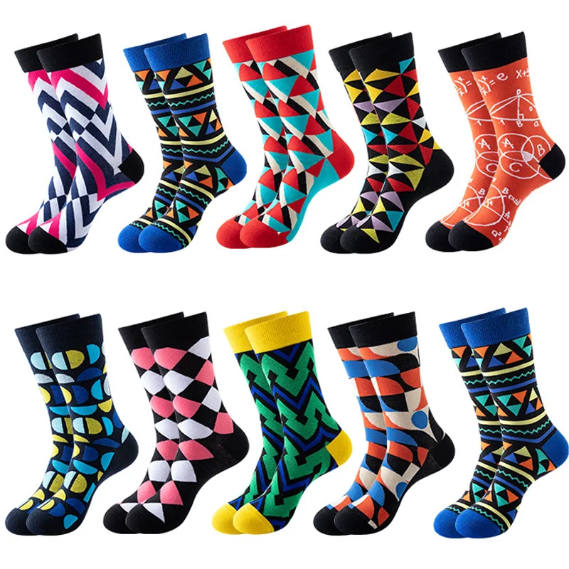 New Autumn And Winter Geometry Style Long Wedding Sock Men\'s High Funny Happy Business Socks Man Cotton Socks