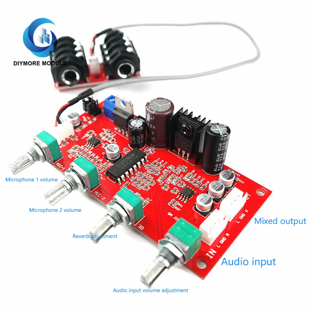 Karaoke board PT2399 reverb with op-amp preamplifier effect over NE5532 M65831 microphone board AC DC dual-use