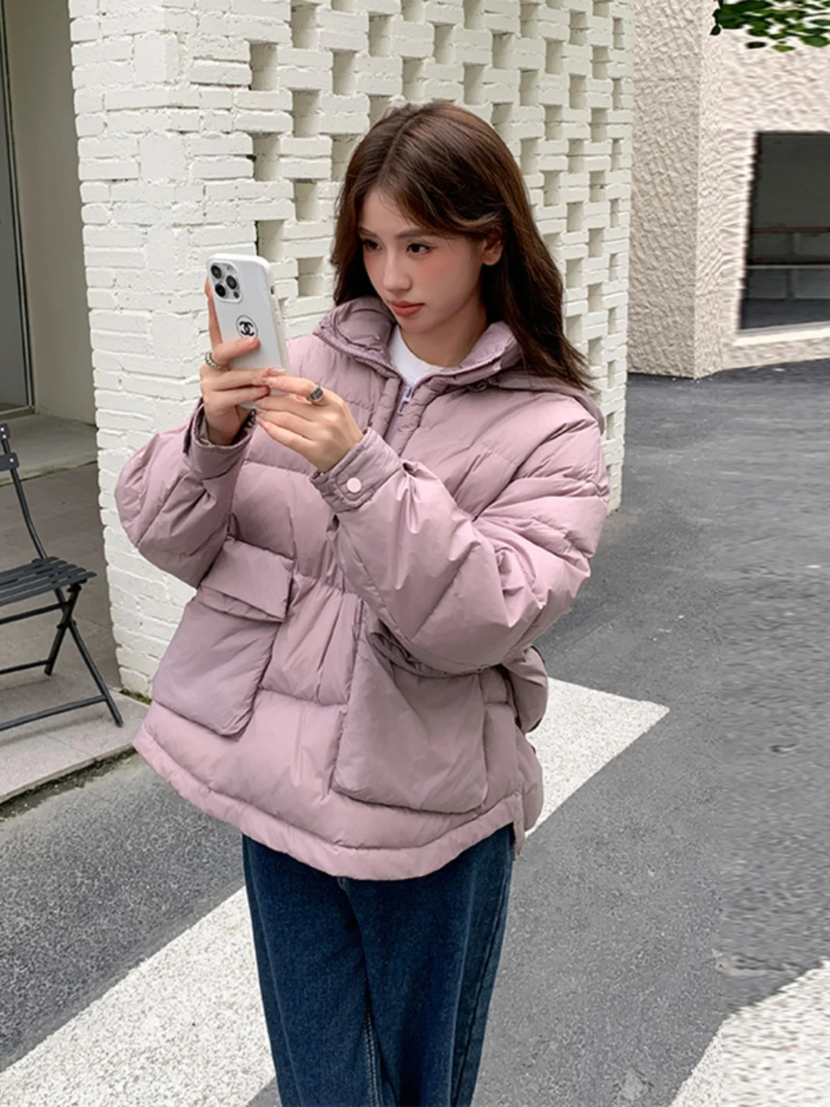 Faionable Quilted Hooded Jaet Women's ort Sle Winter Coat with Big Ba ket Design Trendy Outerwear for Young Women