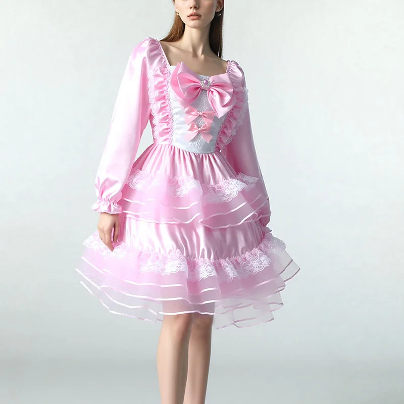 

Lolita Pink Satin Glossy Silky Dress Sissy CD Cosplay ABDL Long sleeved Bowknot Lace Ruffled Princess Tulle Puffy Mini Dress