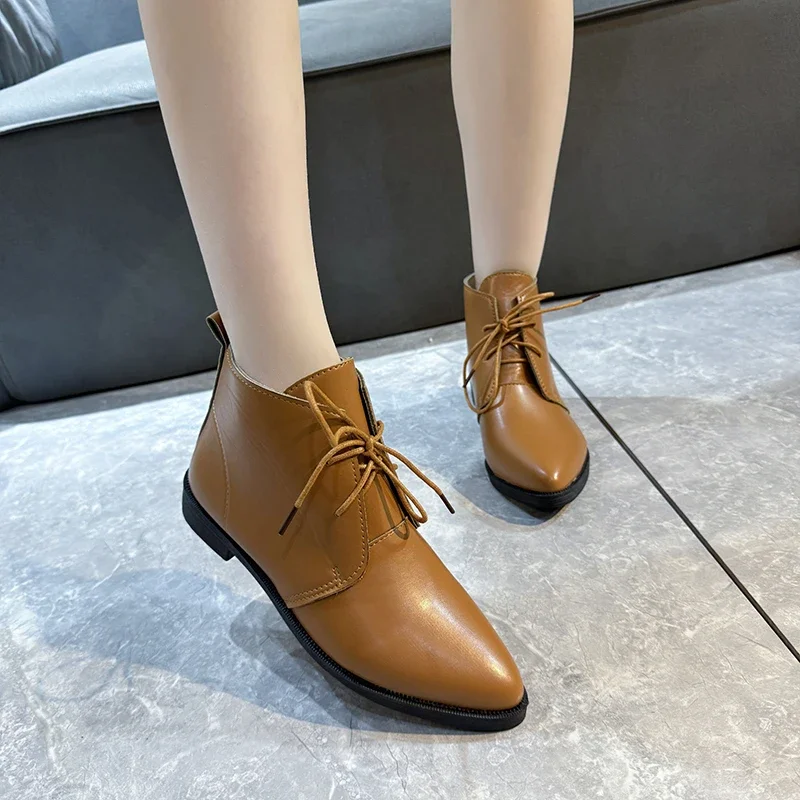 New Women's Ankle Boots Lace Up Leather Shoes Pointed Toe Flats Soft Sneakers for Female Motorcyle Boots Black Booties