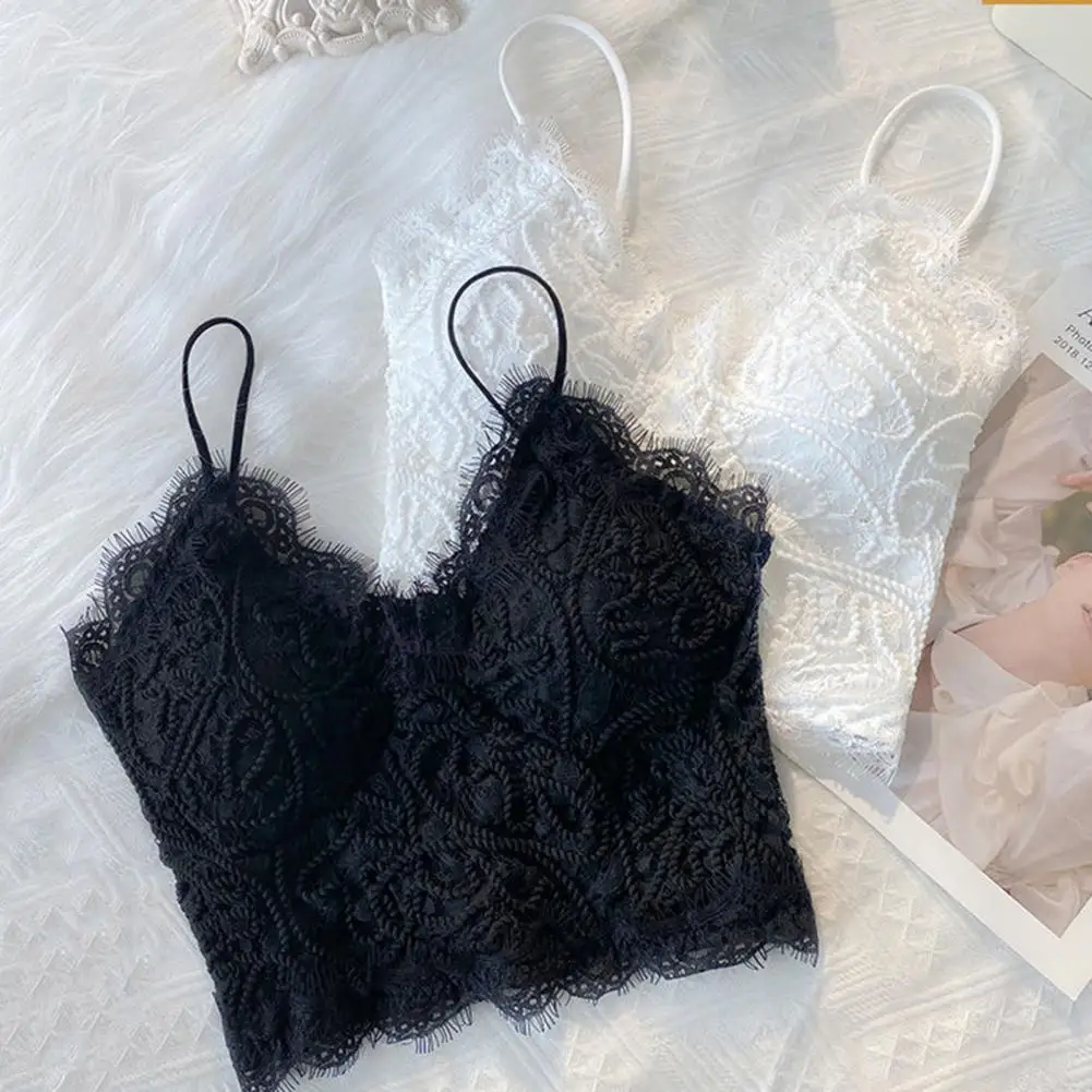 

Women Lace Crop Top Lace Sleeveless Crop Top Sexy V-neck Camisole with Padded Bra Breathable Backless Women's Underwear Lace