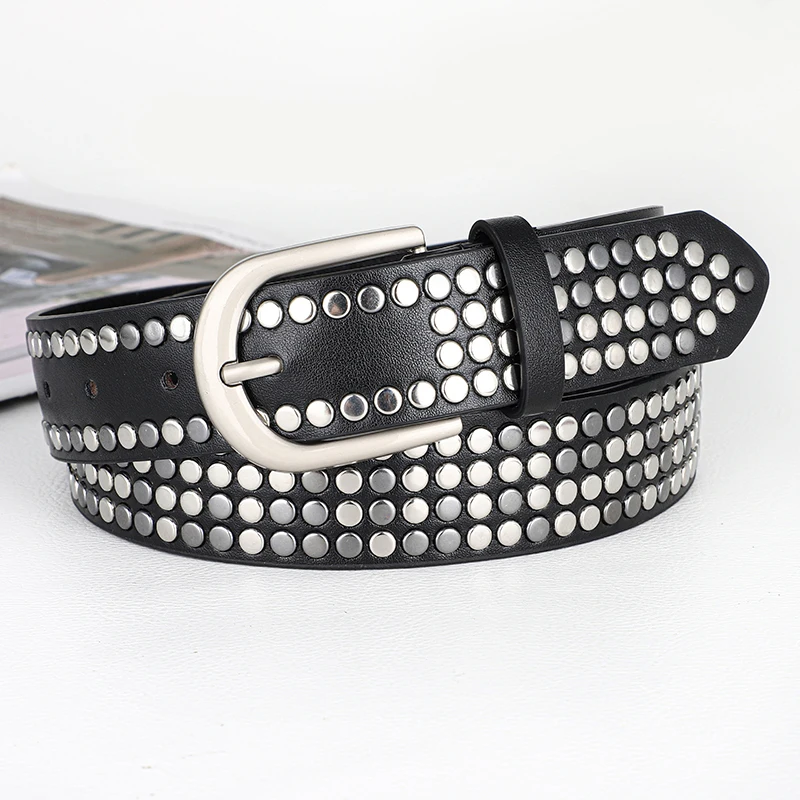 Fashion new style round rivet belt full row rivet decoration unisex punk hardware jeans belt, Y2k hip hop rock designer belt
