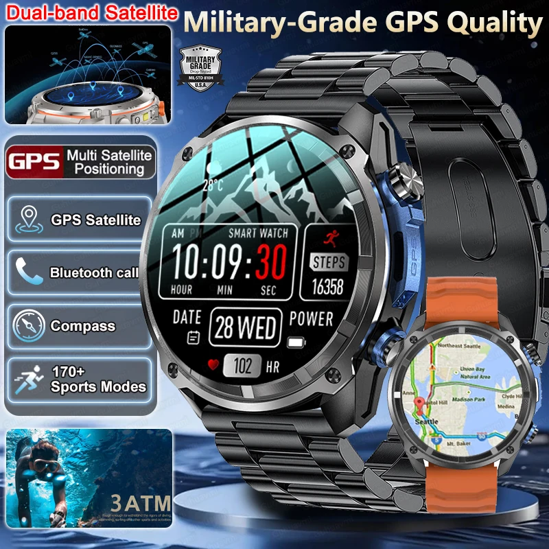 

2025 New Military Smart Watch 860Mah Battery GPS Compass 10ATM Waterproof Tactics Sport 4GB Memory BT call Smart Watches For Men