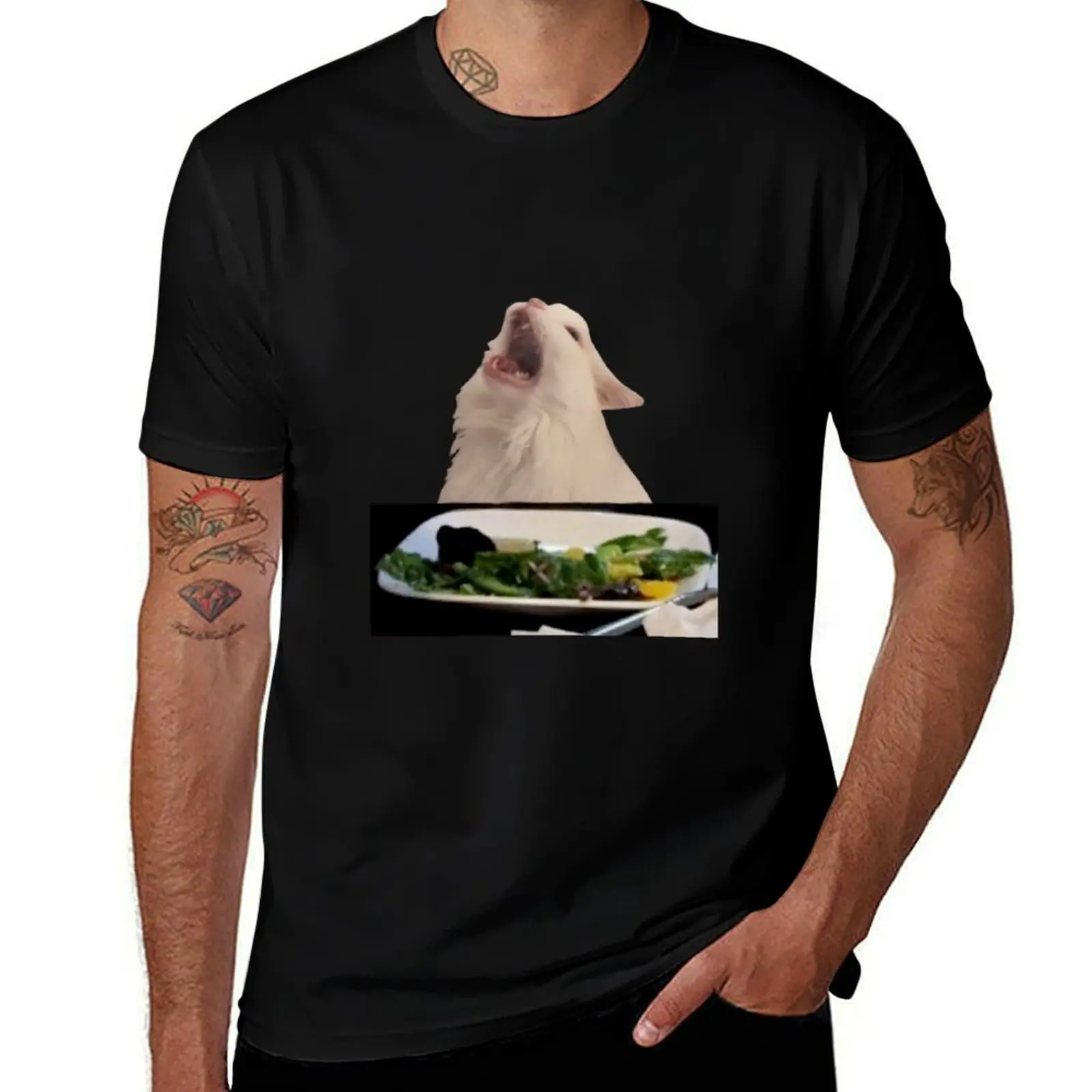 Cat Meowing at Table Meme T-Shirt Casual Lightweight Short Sleeve Top