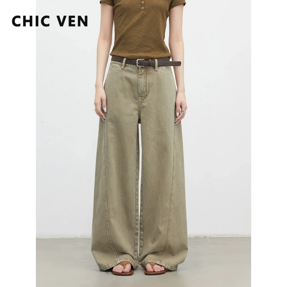 CHIC VEN Fashion Women Jeans Solid Loose Casual Slim High Waist Ladies Denim Pants Split Wide Leg Trousers Spring Autumn 2026